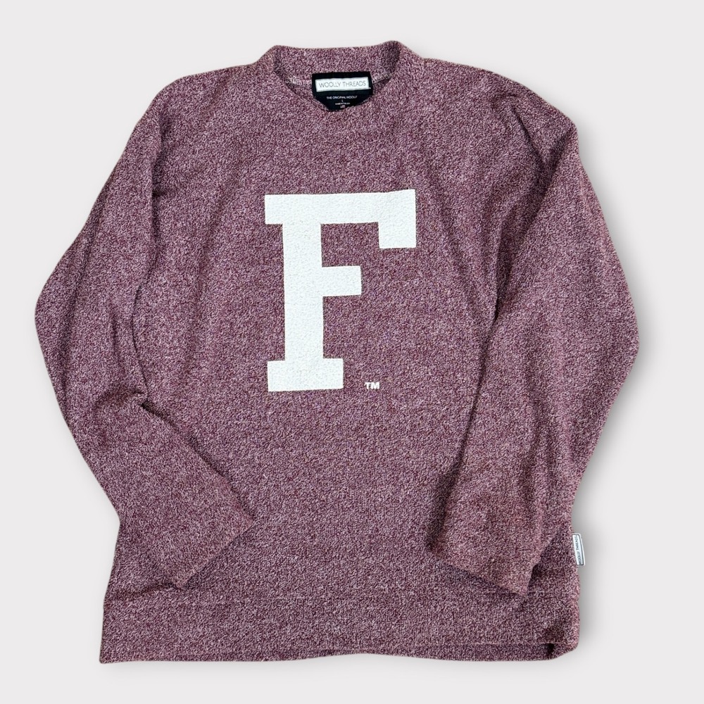 WOOLLY‎ THREADS Pullover Sweater Maroon White F Logo Long Sleeve Size L Made USA